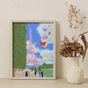 Un'illustrazione romantica della torre Eiffel a Parigi con farfalle stampata su carta per l'arte murale disponibile nei formati A3 e A4