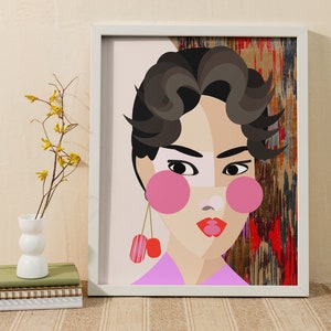 A colorful illustration of a Kazakh girl printed on paper for wall art available in A4 and A3 sizes