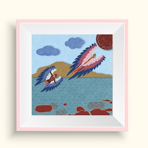 A colorful oriental illustration of flying Daedalus and Ikar printed on paper for wall decor available in different sizes