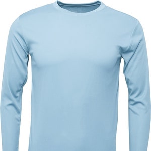May include: A light blue long-sleeved t-shirt.