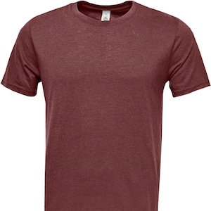 May include: A maroon short-sleeved t-shirt made of a soft, comfortable fabric.