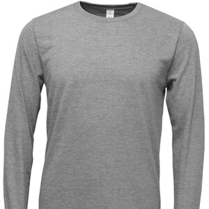 May include: A heather gray long-sleeve t-shirt with a crew neck.