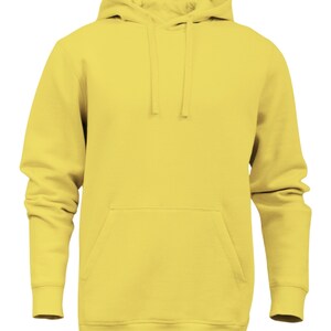 K&ouml;nnte beinhalten: Ein gelber Kapuzenpullover mit einer K&auml;ngurutasche.