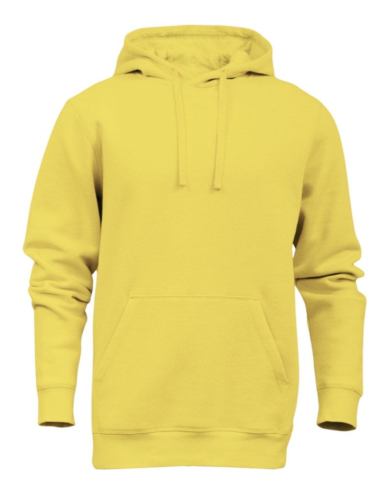 K&ouml;nnte beinhalten: Ein gelber Kapuzenpullover mit einer K&auml;ngurutasche.