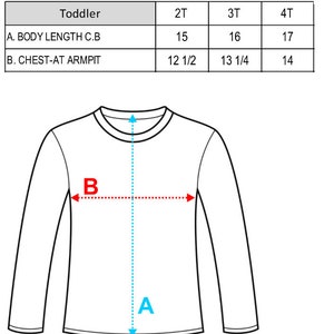 May include: Diagram showing how to measure the body length and chest-at-arm pit of a toddler shirt. The measurements are labeled "A. BODY LENGTH C.B" and "B. CHEST-AT ARMPIT". The chart shows the measurements in inches for sizes 2T, 3T, and 4T.