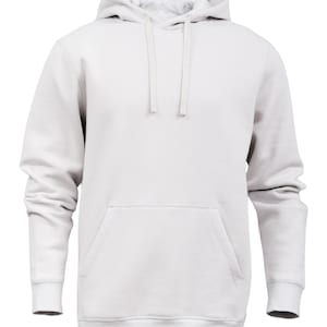 K&ouml;nnte beinhalten: Ein einfarbiger wei&szlig;er Kapuzenpullover mit einer K&auml;ngurutasche auf der Vorderseite.