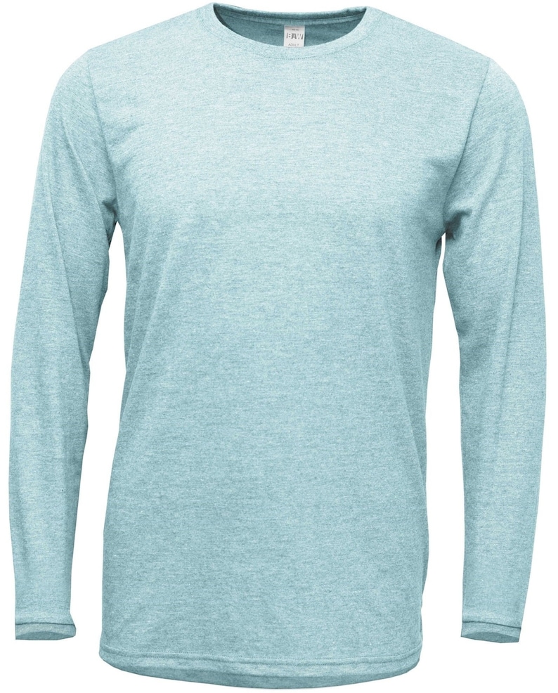 May include: A light blue long-sleeved t-shirt made of a soft, comfortable fabric. The shirt has a relaxed fit and a crew neck.