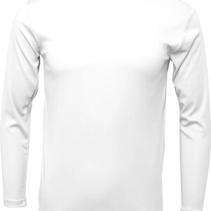 May include: A white long-sleeve t-shirt with a crew neck.