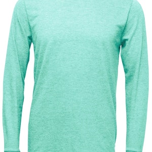 May include: A long-sleeved t-shirt in a light turquoise color with a heather pattern. The shirt has a crew neck and a relaxed fit.