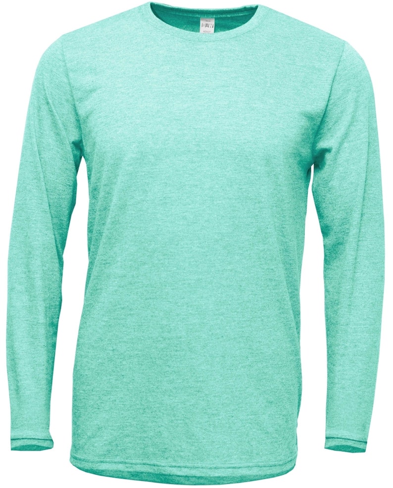 May include: A long-sleeved t-shirt in a light turquoise color with a heather pattern. The shirt has a crew neck and a relaxed fit.
