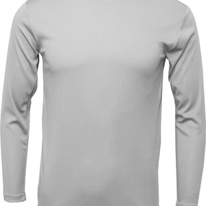 May include: A plain, light gray long-sleeve t-shirt.