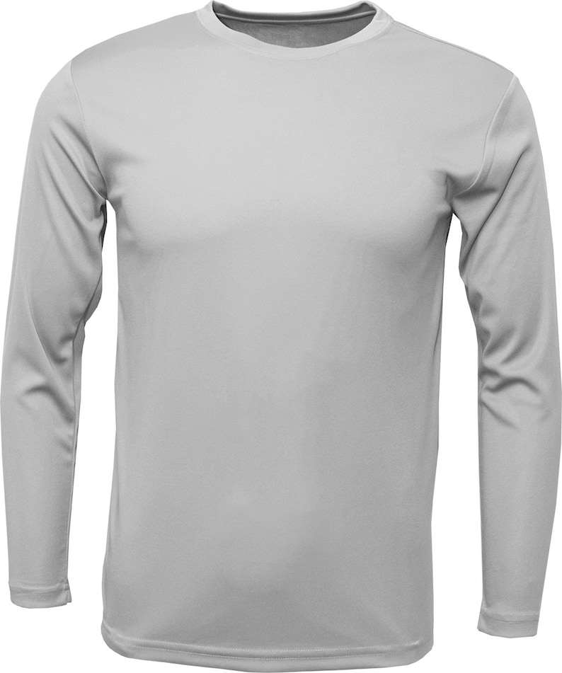 May include: A plain, light gray long-sleeve t-shirt.