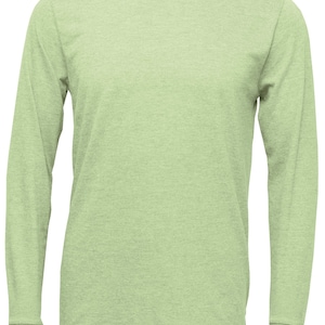 May include: A light green long-sleeved t-shirt with a crew neck.