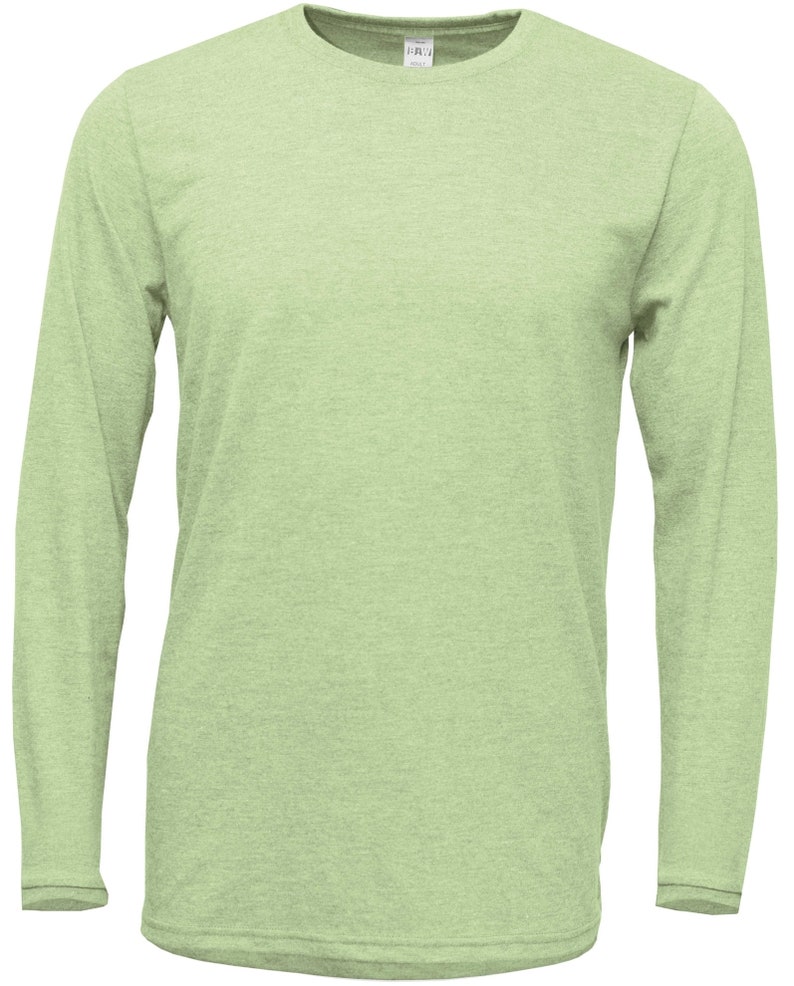 May include: A light green long-sleeved t-shirt with a crew neck.