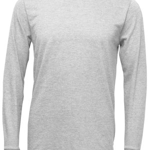 May include: A heather grey long-sleeve t-shirt with a crew neck.