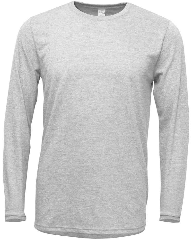 May include: A heather grey long-sleeve t-shirt with a crew neck.