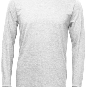 May include: A heather gray long-sleeve t-shirt with a crew neck.