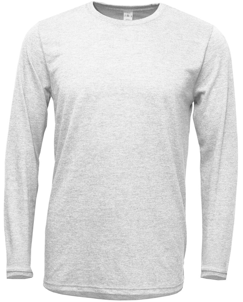 May include: A heather gray long-sleeve t-shirt with a crew neck.