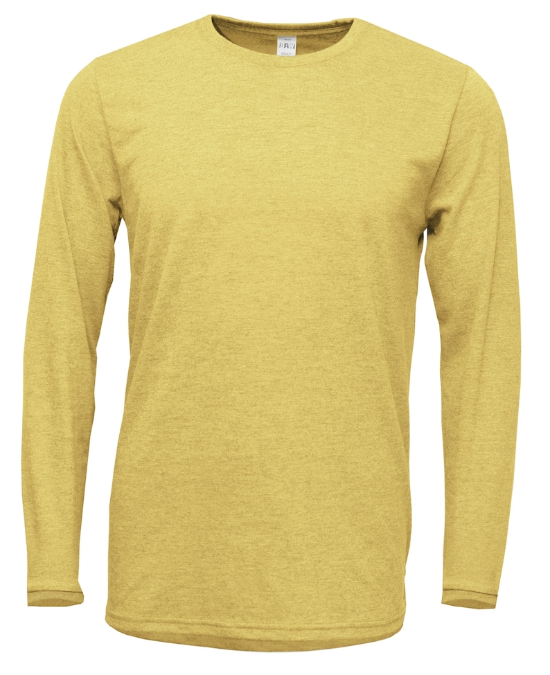 May include: A long-sleeved t-shirt in a light yellow color with a heather texture.