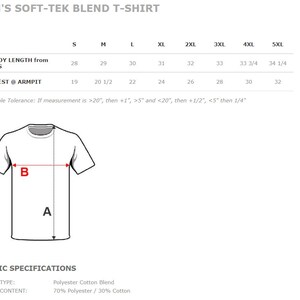 May include: Size chart for a men's t-shirt with a blend of polyester and cotton. The chart shows measurements for body length from the highest point of the shoulder and chest at the armpit in inches. Sizes range from S to 5XL.
