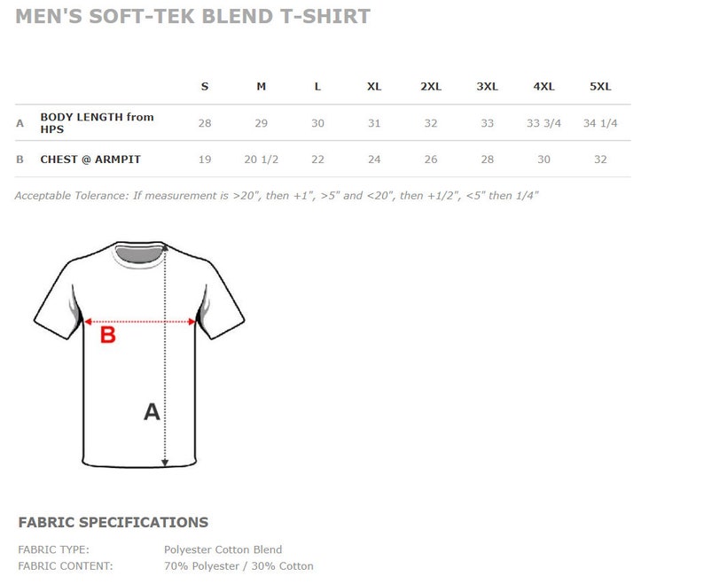 May include: Size chart for a men's t-shirt with a blend of polyester and cotton. The chart shows measurements for body length from the highest point of the shoulder and chest at the armpit in inches. Sizes range from S to 5XL.
