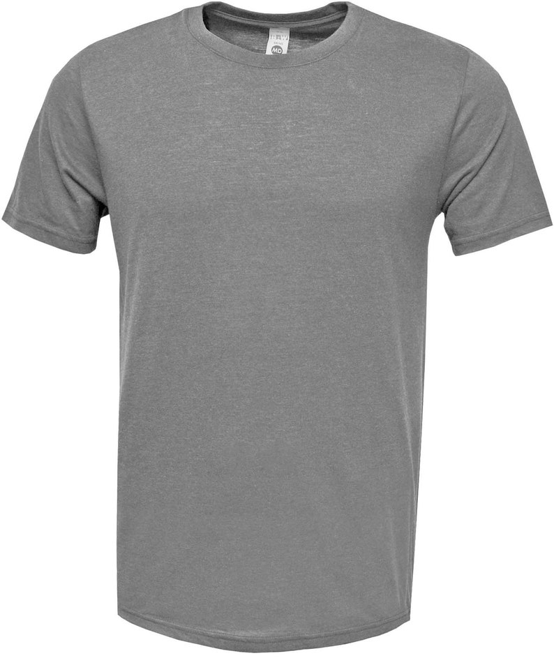 May include: A heather gray short-sleeved t-shirt with a crew neck.