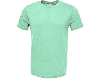 May include: A short-sleeved crew neck t-shirt in a solid light mint green color. The fabric features a subtle heathered texture throughout the garment. The shirt has a standard fit with a rounded neckline and hemmed sleeves, presented against a plain white background.