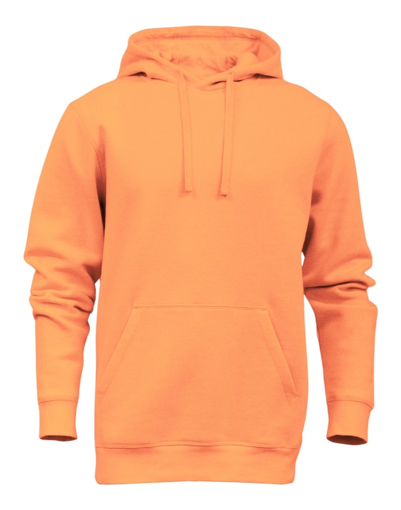 K&ouml;nnte beinhalten: Ein leuchtend orangefarbener Kapuzenpullover mit einer Tasche auf der Vorderseite.