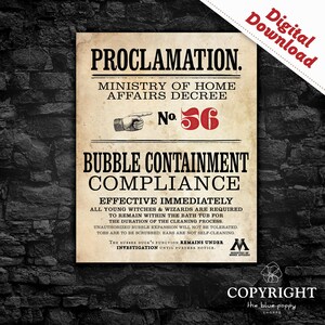 May include: A vintage-style digital print with the text "PROCLAMATION" and "BUBBLE CONTAINMENT COMPLIANCE." The print features a pointing hand, the number 56 in red, and the Ministry of Home Affairs Decree. The print is on a dark brick background.