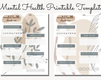 Puede incluir: Dos plantillas imprimibles de control de salud mental con un fondo marrón claro e ilustraciones florales grises. Cada plantilla incluye una escala del 1 al 10, indicaciones para la reflexión y una fila de emojis.