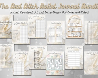 May include: A printable bullet journal bundle with a marble background. The bundle includes pages for daily emotion tracking, habit tracking, book tracking, sleep time log, daily water tracker, monthly budget, places I want to go, places to travel, weekly meal prep, and highlights of the day.