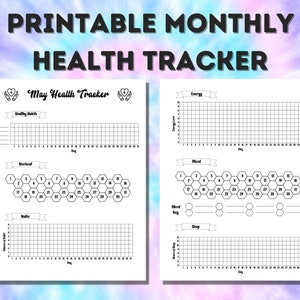 May include: Printable monthly health tracker with sections for energy levels, workout, water intake, mood, and sleep. The tracker is designed for the month of May.