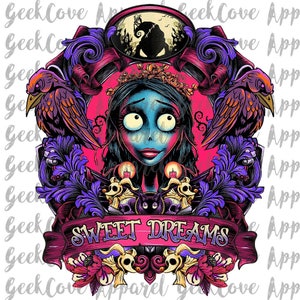 May include: A digital illustration of a gothic-style portrait of a woman with large eyes and pale skin. She is surrounded by purple and pink flowers, a black cat, and two ravens. The text "SWEET DREAMS" is written in a banner at the bottom of the image.