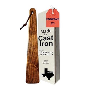 Engraved Mesquite Wood Spatula – Made in Texas, Cowboy Spatula ® , Cast Iron Safe