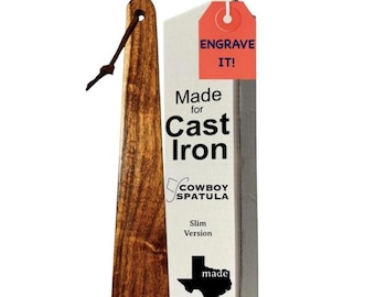 Grawerowana szpatułka z drewna mesquite – wyprodukowana w Teksasie, szpatułka kowbojska ®, bezpieczna dla żeliwa