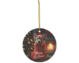 German Shepherd Puppy in Stocking with Santa Hat | Ceramic Ornament, Circle