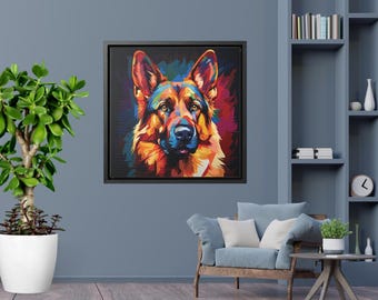 German Shepherd Portrait in Pop Art Style | Framed Canvas