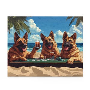 German Shepherds Drinking and Playing Poker on a Beach | Puzzle (120, 252, 500-Piece)