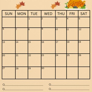 Thanksgiving Menu November Calander Editable Printable - Etsy