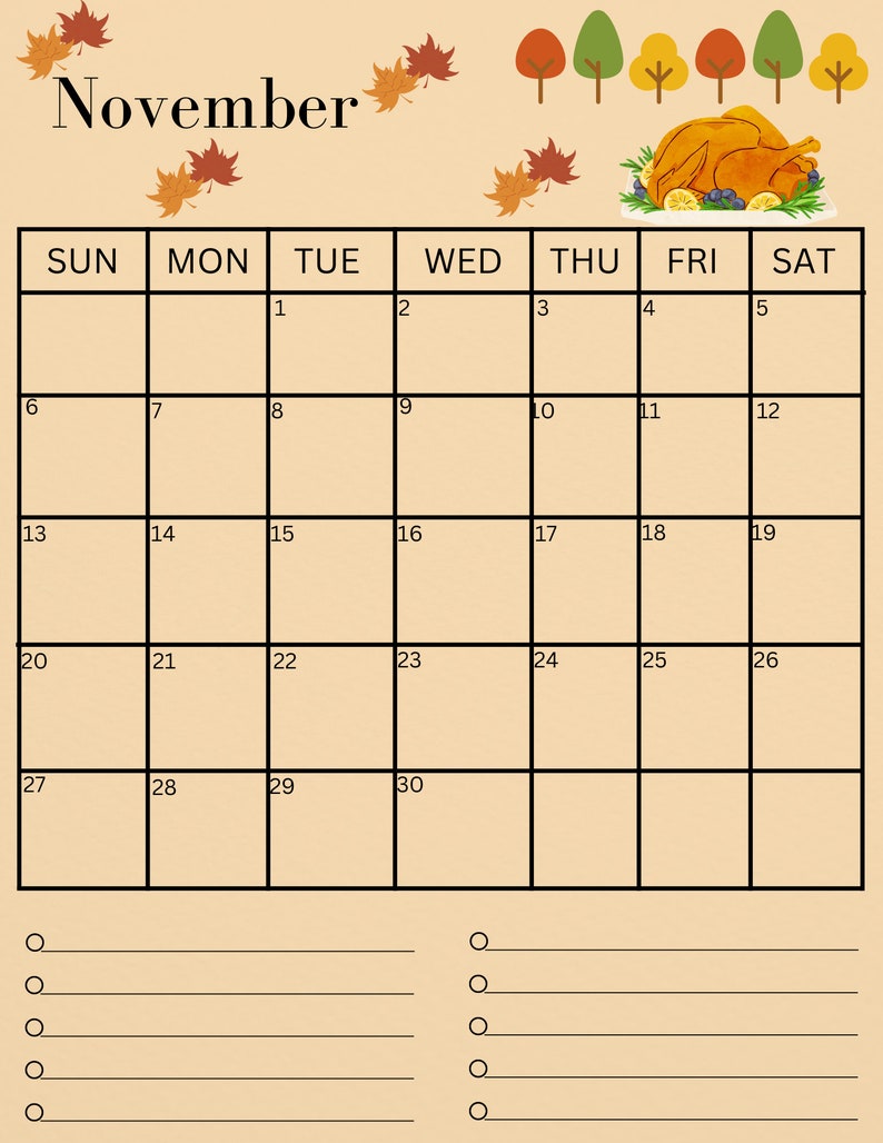 Thanksgiving Menu November Calander Editable Printable - Etsy