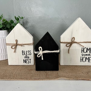 Wooden Block Houses | Tier Tray Decor | Mini Houses | Farm House Decor | Black and White Decor |