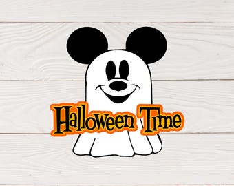 May include: A black and white illustration of Mickey Mouse as a ghost with the text "Halloween Time" in orange.