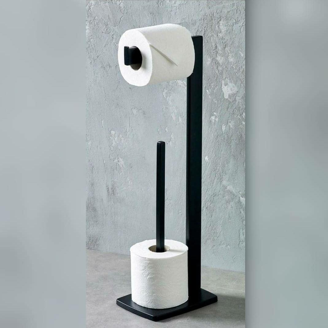 Free Standing Toilet Paper Holder with Storage Shelf and Extra Roll Holder  in Matte Black