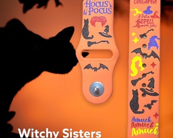 Witchy sisters, 38,40,41,42,44,45mm S/m m/l series 3,4,5,6,7 silicone, Samsung engraved watchband, Fitbit versa 2, pocus