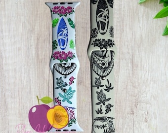 Correa de reloj inteligente de playa hawaiana para él y para ella, correa de reloj grabada para Samsung, Fitbit Versa 2, regalo para mamá, tortugas marinas, tablas de surf, regalo para él