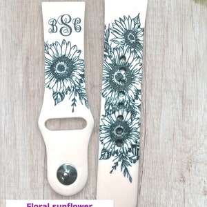 Sunflower band with 3 letter monogram, engraved smart watch band, Samsung engraved watch band, Fitbit versa 2, gift for mom, teen