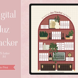 May include: Digital Juz Tracker design on a tablet screen. The design features a bookshelf with labeled books, plants, and decorative items. The text "Digital Juz Tracker" is displayed prominently, along with "US Letter A4" and "Ready to Print".