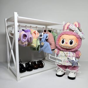 Doll Clothing Closet White - Compatible w/ Labubu Clothes Designer - 17cm Doll or Labubu Outfits - w/ Shoe & Accessories Storage + Hangers