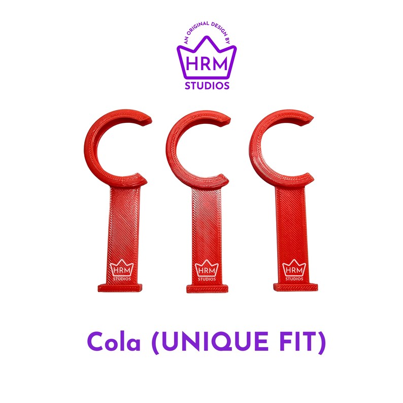 May include: Three red, C-shaped bottle openers with a unique fit design. Each opener has a long, rectangular handle with the "HRM Studios" logo. The text "Cola (UNIQUE FIT)" is displayed below the openers.