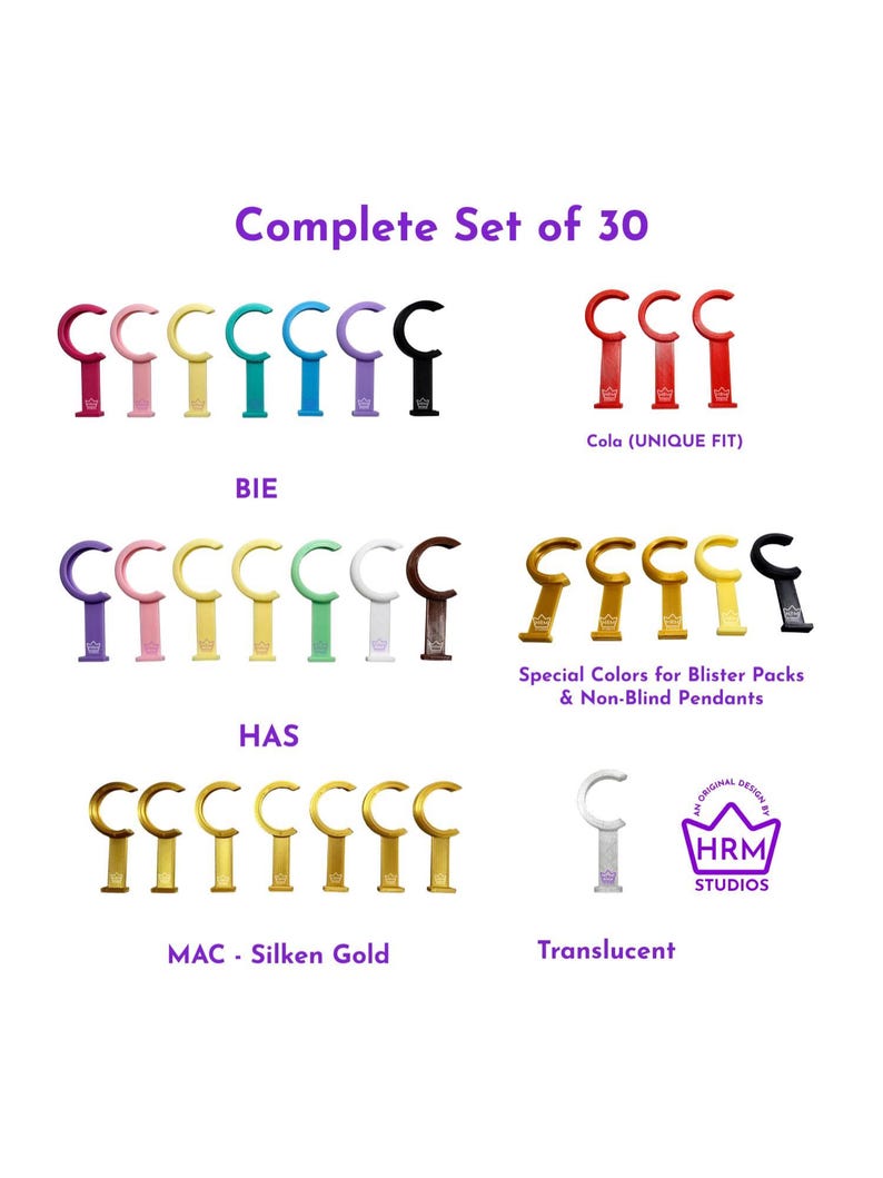 May include: A complete set of 30 pendant holders in various colors, including red, pink, yellow, teal, blue, purple, and black. The image also shows gold and translucent pendant holders. Text on the image reads "Complete Set of 30."